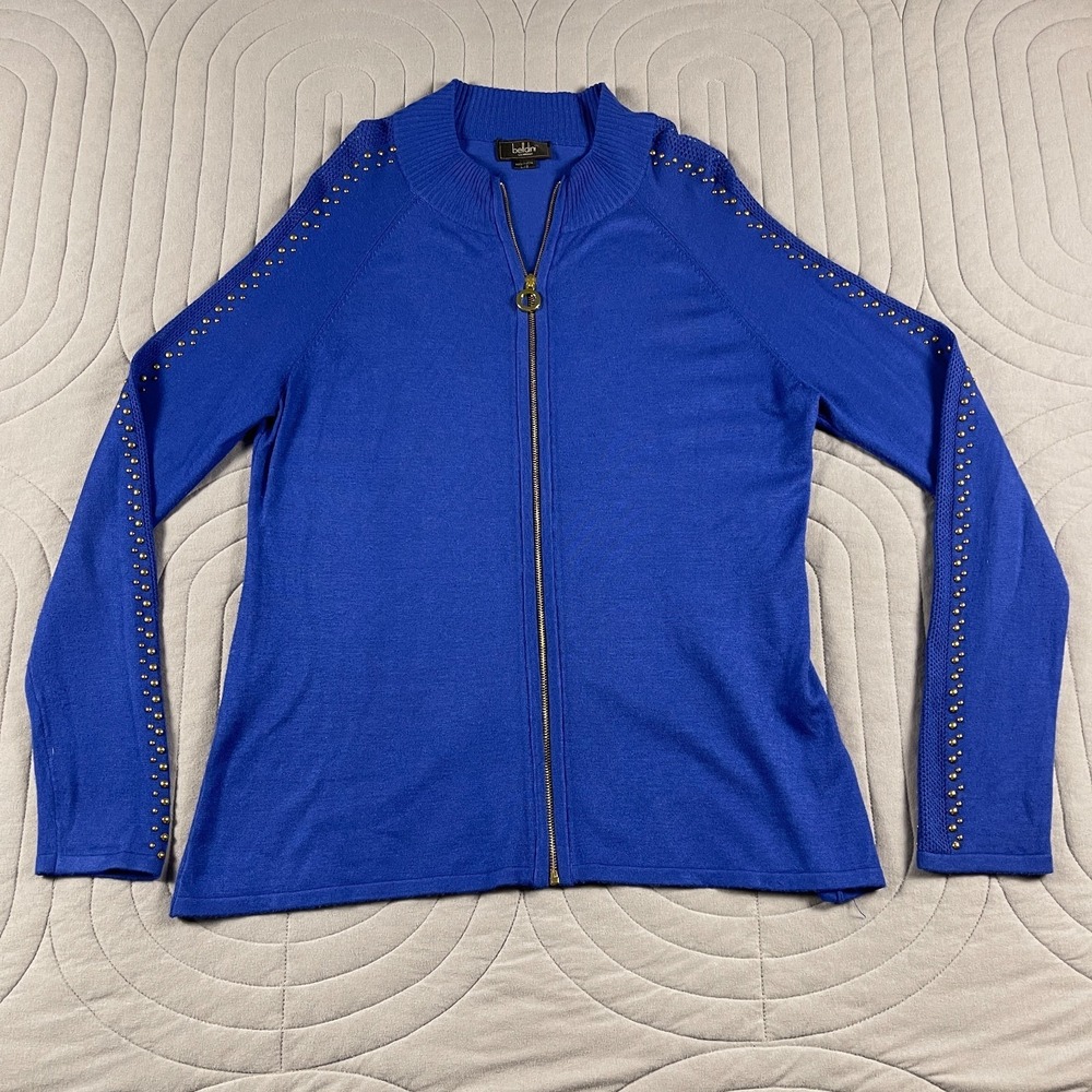 Belldini Womens Cardigan Size L Blue Zip Front Studded Embellished Knit Sweater